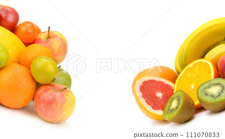 Set of fruits isolated on a white. Collage. Wide photo. There is free space for text. 111070833