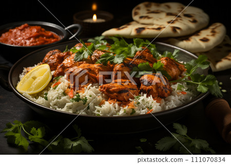 Chicken tikka masala spicy meat curry food in a clay plate with rice and naan bread. 111070834