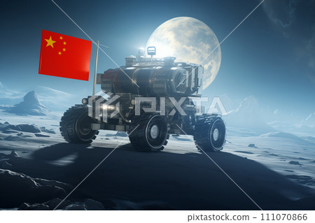 A lunar rover with a Chinese flag moves on the surface of the Moon. A lunar rover with a Chinese flag moves on the surface of the Moon. 111070866