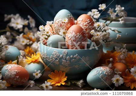 Stylish Easter eggs in a plate, flowers on a rustic table. Stylish Easter eggs in a plate, flowers on a rustic table. 111070868