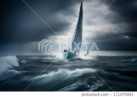 A blue yacht takes place in a sailing regatta. A blue yacht takes place in a sailing regatta. 111070881