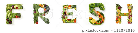 On a white isolated background from the fruit and vegetable alphabet the inscription - FRESH On a white isolated background from the fruit and vegetable alphabet the inscription - FRESH 111071016