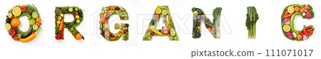 On a white isolated background from the fruit and vegetable alphabet the inscription - organic On a white isolated background from the fruit and vegetable alphabet the inscription - organic 111071017