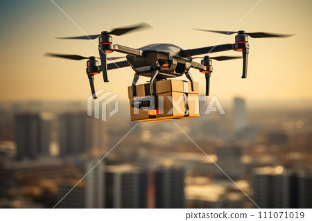 A drone delivers a large yellow postal package to an urban city. A drone delivers a large yellow postal package to an urban city. 111071019