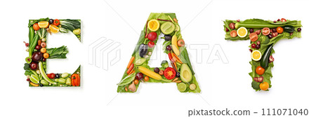 On a white isolated background from the fruit and vegetable alphabet the inscription - EAT 111071040
