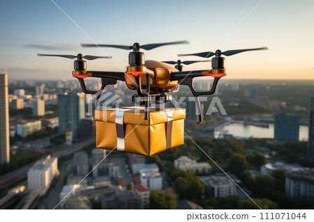 A drone delivers a large yellow postal package to an urban city. A drone delivers a large yellow postal package to an urban city. 111071044
