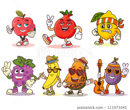 Cartoon set of retro groovy characters. Funny fruits vector illustartions.Trendy 70s cartoon style. Cartoon set of retro groovy characters. Funny fruits vector illustartions.Trendy 70s cartoon style. 111071045