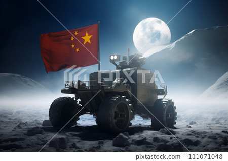 A lunar rover with a Chinese flag moves on the surface of the Moon. 111071048