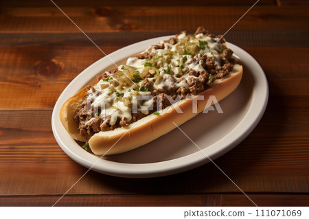 Philadelphia cheese sub sandwich on a plate 111071069