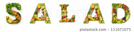 On a white isolated background from the fruit and vegetable alphabet the inscription - salad On a white isolated background from the fruit and vegetable alphabet the inscription - salad 111071075