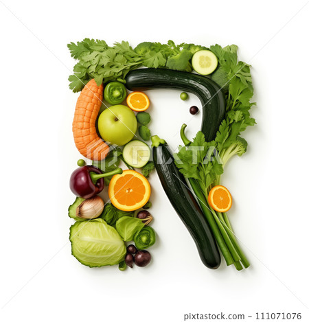 Fruit and vegetable alphabet on a white background, Letter R 111071076