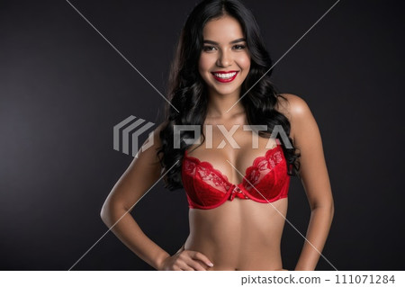 AI-generated content. Beautiful latin young smiling woman model with long black hair in sexy luxury 111071284