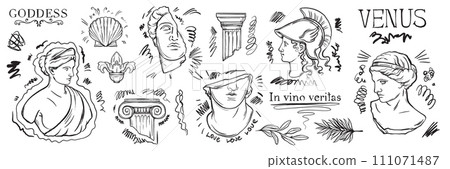 Greek sculpture y2k tattoo sketch set, roman goddess vector statue head doodle drawing ink scribble 111071487