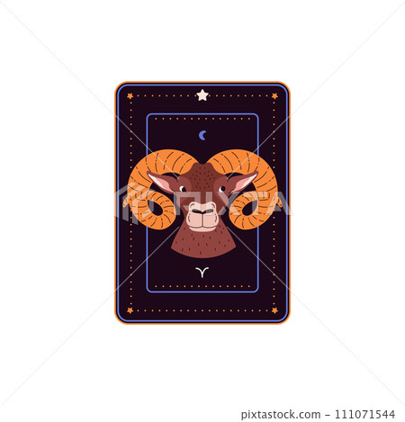 Horoscope card with Aries zodiac sign and symbol, Astrological zodiac symbol as a ram head icon on black vector card Horoscope card with Aries zodiac sign and symbol, Astrological zodiac symbol as a ram head icon on black vector card 111071544
