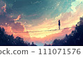 [AI-generated image/AI illustration] A sparkling starry sky at dusk and an impressive illustration. A girl standing on a rope. 111071576