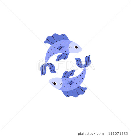 Pisces zodiac symbol, Astrological zodiac vector icon, two blue fishes sticker, Pisces Horoscope sign aquatic animal 111071583