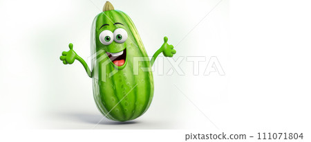 Green cucumber with a cheerful face 3D on a white background. Green cucumber with a cheerful face 3D on a white background. 111071804
