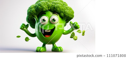 Green broccoli with a cheerful face 3D on a white background. 111071808