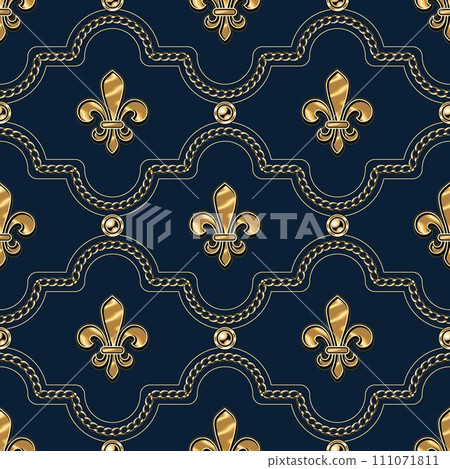Seamless luxury geometric pattern with jewelry gold chains, beads, Fleur de Li ign. Classic geometric grid ornament. 111071811
