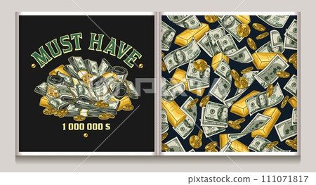 Money seamless pattern, label with heap of 100 US dollar bills, gold one dollar coins, ingots of pure gold. Detailed vintage vector illustration. Concept of wealth, success 111071817