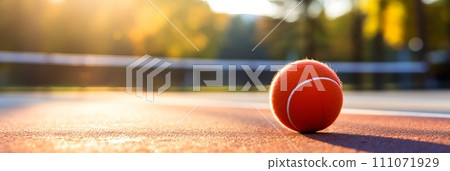 Bright tennis ball resting on the vibrant, lush tennis court on a beautiful, sunny day Bright tennis ball resting on the vibrant, lush tennis court on a beautiful, sunny day 111071929