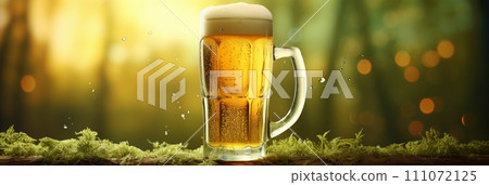 Cold beer glass on green background. St. Patricks day banner for irish pub promotions 111072125