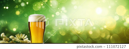 St. Patricks Day theme beer glass on green bokeh background for festive celebration 111072127
