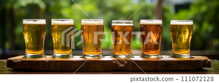 Beers glasses on green bokeh background for festive celebration Beers glasses on green bokeh background for festive celebration 111072128