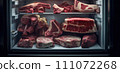 AI-generated content. Raw meat beef steak cuts dry aging on shelves in cold refrigerator. AI-generated content. Raw meat beef steak cuts dry aging on shelves in cold refrigerator. 111072268