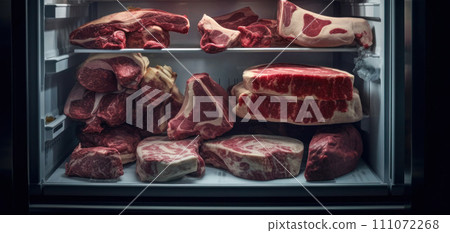 AI-generated content. Raw meat beef steak cuts dry aging on shelves in cold refrigerator. 111072268