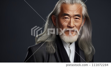 Portrait of an elderly handsome Asian senior man old with gray long hair, on a gray background, banner. 111072284