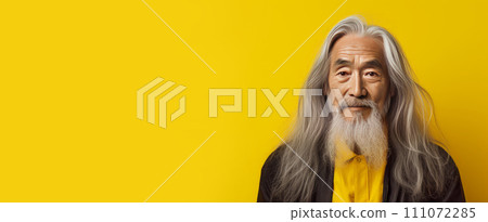 Portrait of an elderly handsome Asian senior man old with gray long hair, on a yellow background, banner. Portrait of an elderly handsome Asian senior man old with gray long hair, on a yellow background, banner. 111072285