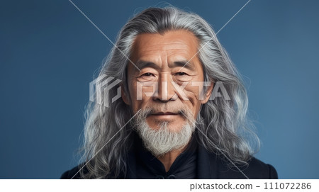 Portrait of an elderly handsome Asian senior man old with gray long hair, on a light blue background, banner. 111072286