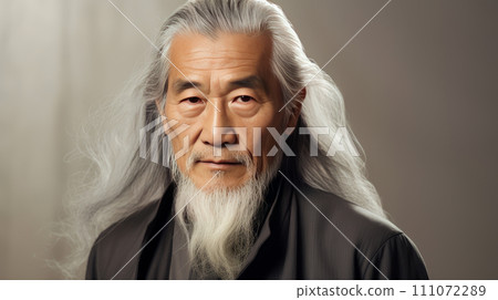 Portrait of an elderly handsome Asian senior man old with gray long hair, on a silver background, banner. Portrait of an elderly handsome Asian senior man old with gray long hair, on a silver background, banner. 111072289