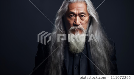 Portrait of an elderly handsome Asian senior man old with gray long hair, on a gray background, banner. Portrait of an elderly handsome Asian senior man old with gray long hair, on a gray background, banner. 111072295