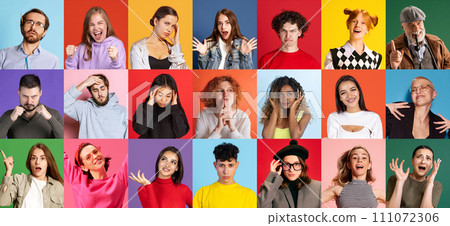 Colorful Mosaic of emotional, young and senior people posing against different colored backgrounds. Beauty and fashion. 111072306