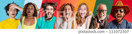 Collage of portraits of ethnically diverse and different ages people expressing emotions against multicolored background. 111072307