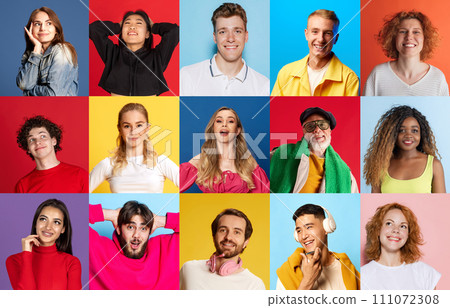 Photo collage of cheerful, optimistic of different people wearing casual clothes against bright multicolored background. 111072308