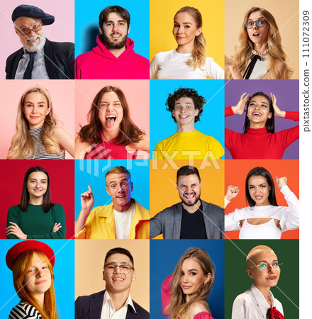 Photo collage of cheerful optimistic, different people have toothy beaming smile wear casual clothes against vivid multicolored background. 111072309
