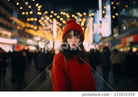 A woman in red clothes looking at me in the crowd A woman in red clothes looking at me in the crowd 111072359