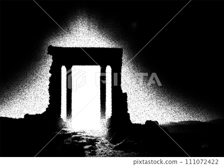 Ancient ruins in sci-fi scene with dotwork retro style. Mysterious gate debris with dramatic lights and retro texture 111072422