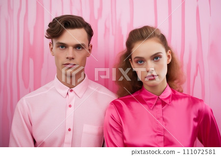 Young couple, man and woman wearing pink clothes. AI generated. 111072581