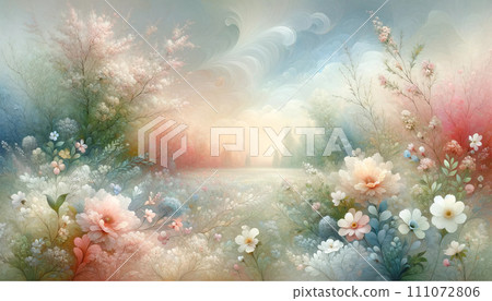 Fantastic flower garden covered in fog 111072806