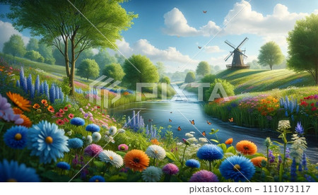 Beautiful scenery of fairytale flowers, windmills and rivers 111073117