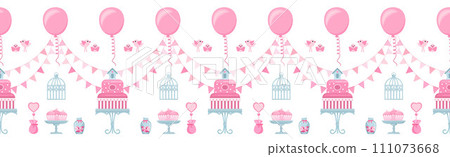 Seamless horizontal border with cake on a stand, triangle flags, cupcakes. 111073668