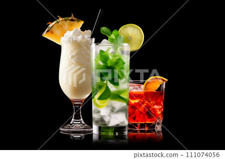 Set and collection of classic alcohol cocktails or mocktail isolated on white background with fresh summer fruits 111074056