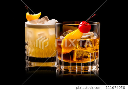 Set of Negroni in a crystal-cut rocks glass isolated on black backdrop 111074058