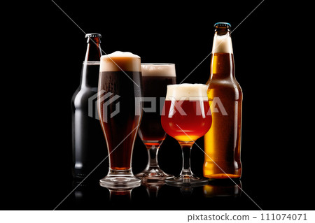 Set of Beer glasses and bottles on a black background. Mugs with drink like Ipa, Pale Ale, Pilsner, Porter or Stout 111074071