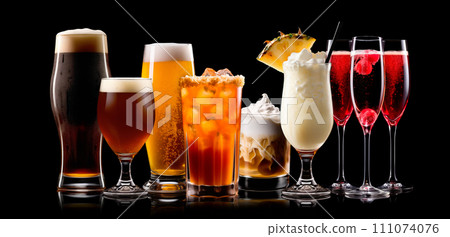 Set and collection of classic alcohol cocktails or mocktail isolated on black background with fresh summer fruits 111074076