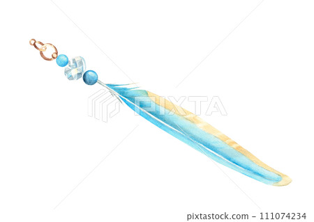 Watercolor composition from pale blue feather and glass bead isolated on white background, hand drawn illustration. Design element for decoration, dream catcher, cards and textile prints. 111074234